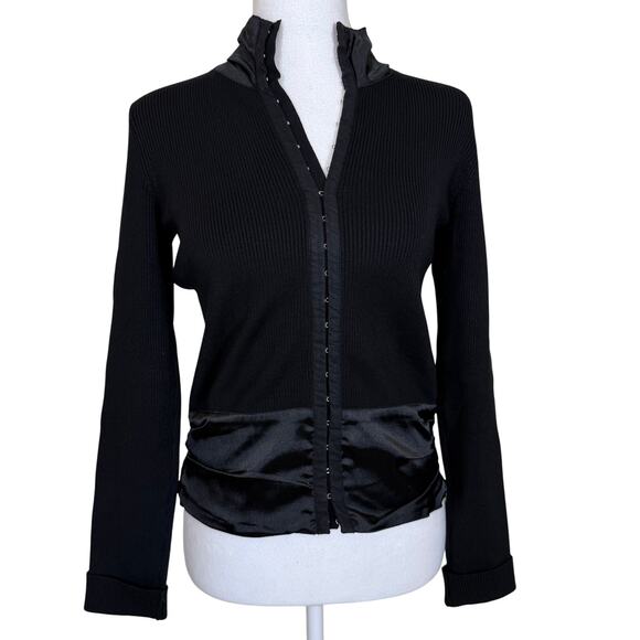 Bebe Corset Closure Y2K Black Satin Trim Fitted Top Ruffle Collar Silk Blend Med - Picture 3 of 11